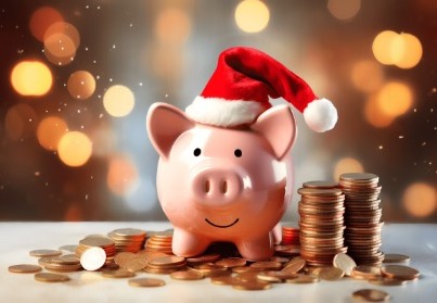 piggy bank with coins and santa hat